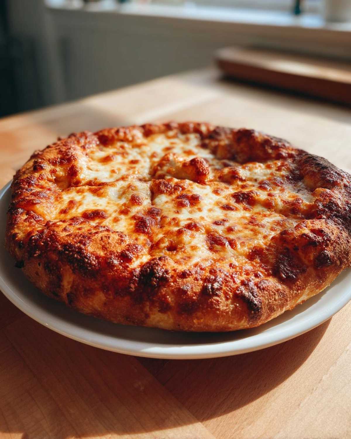 A golden-brown, perfectly baked cheese pizza made from sourdough discard pizza dough on a white plate.