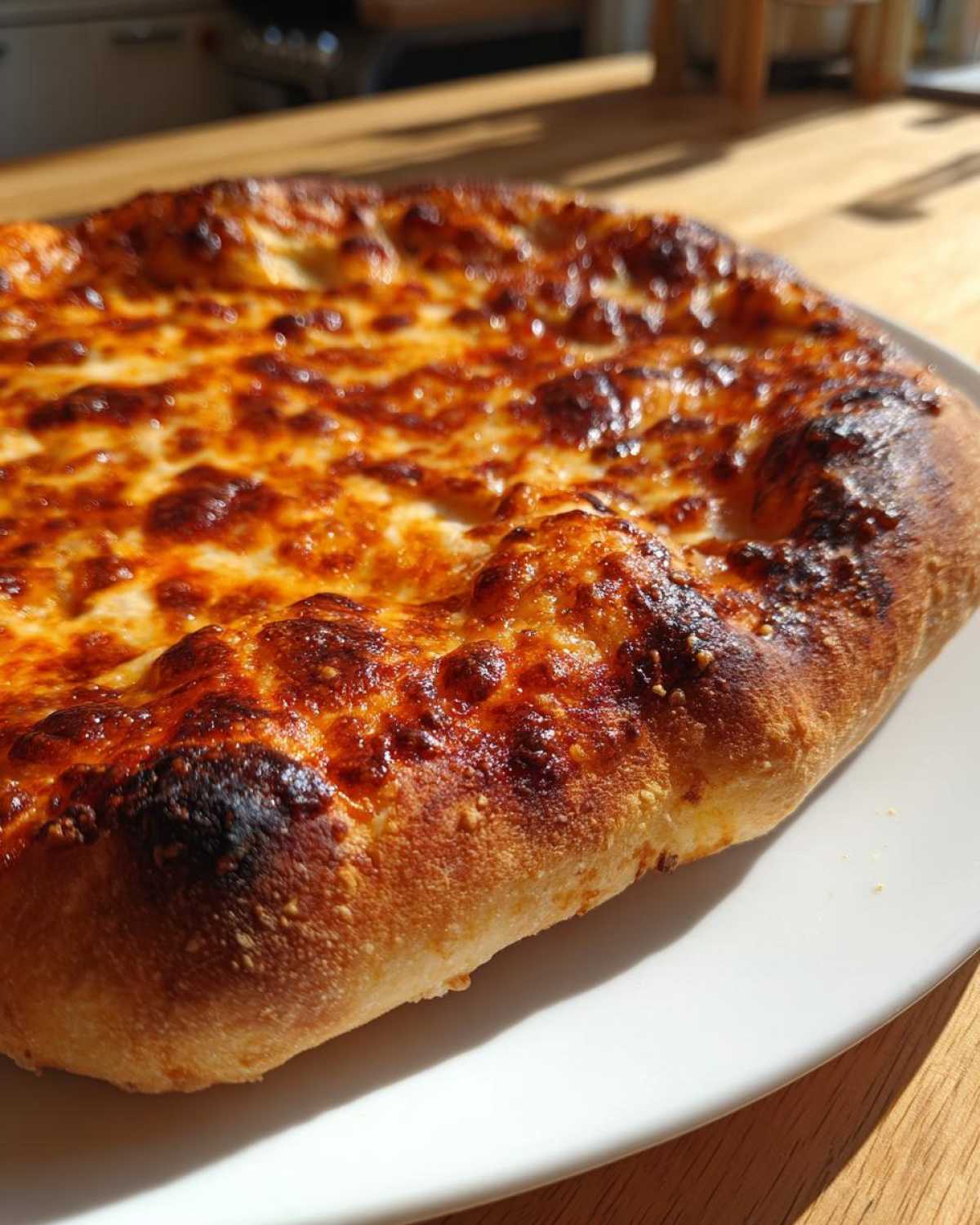 Close-up of a perfectly baked pizza with bubbly, browned cheese made from sourdough discard pizza dough.