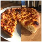 Split image showing a finished cheese pizza made with sourdough discard pizza dough, highlighting the crispy crust and melted cheese.