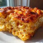 A close-up of a rich, creamy slice of southern baked macaroni and cheese with a deeply browned, cheesy crust.