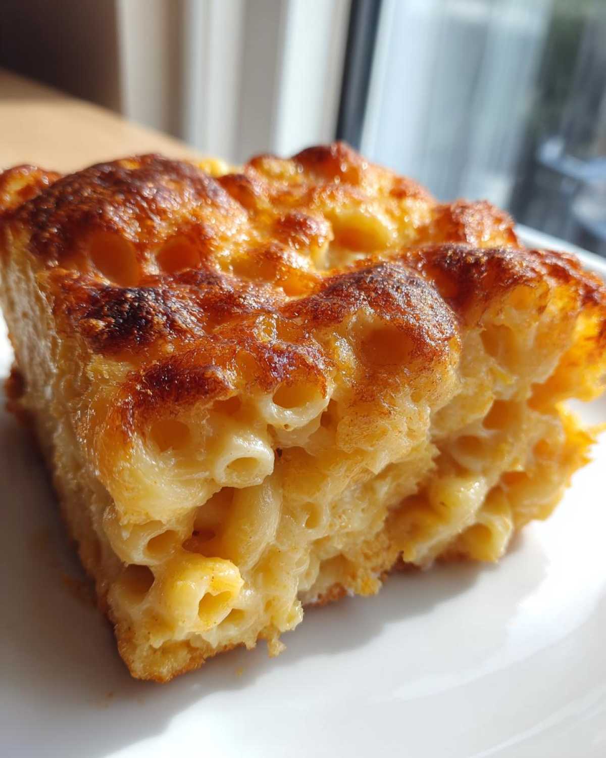 Close-up of a thick slice of southern baked macaroni and cheese showing creamy interior and deeply browned, crispy top.