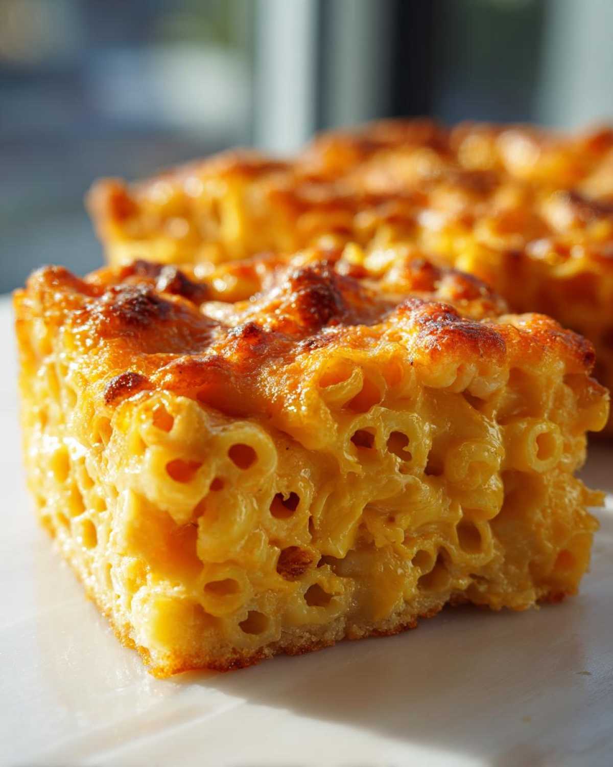 Close-up of a thick, square slice of rich, cheesy southern baked macaroni and cheese with a golden-brown crust.