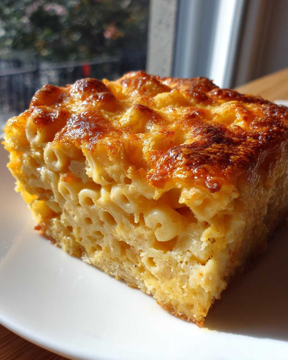 A thick, square slice of southern baked macaroni and cheese with a deeply browned, cheesy crust.