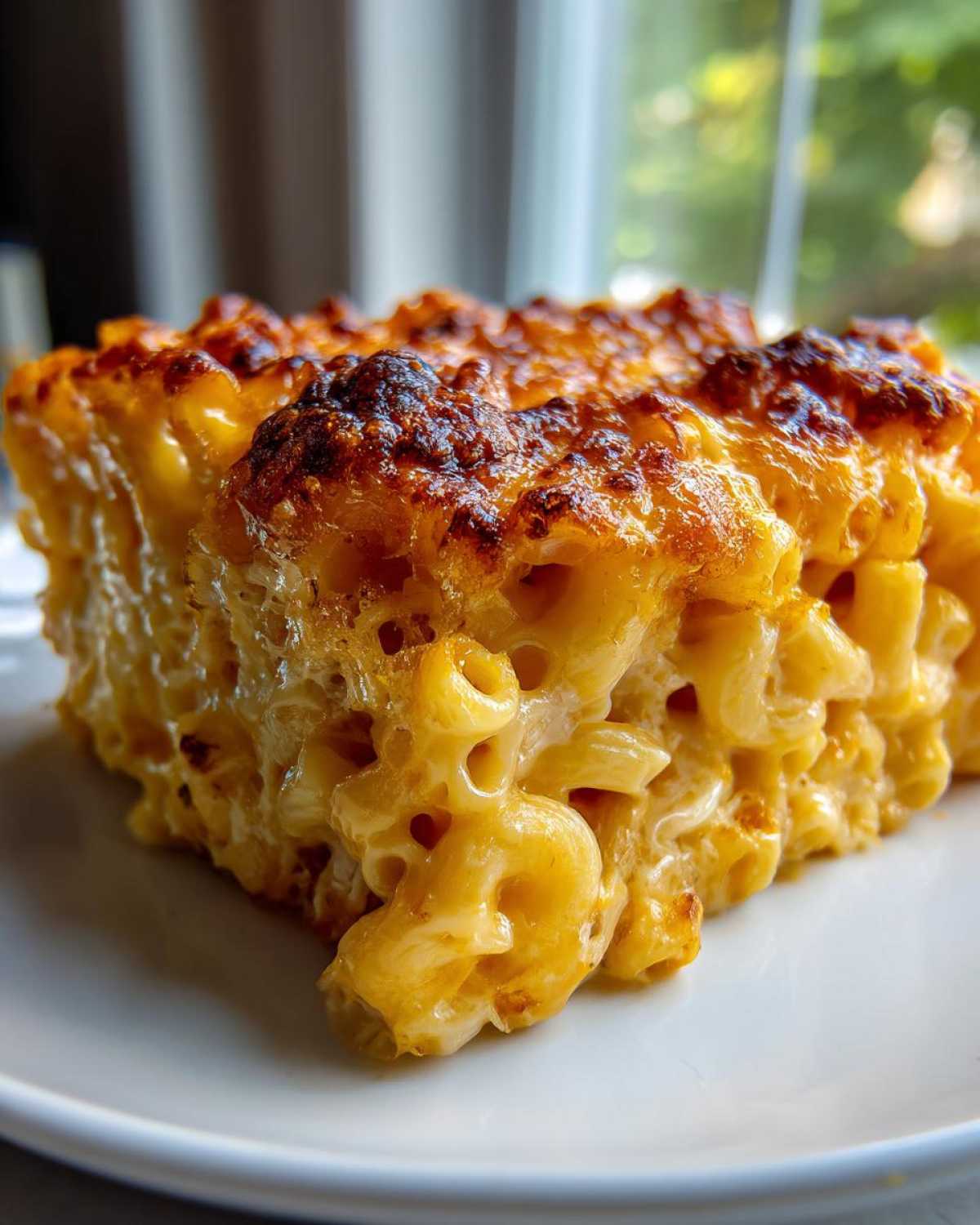 Close-up of a square serving of creamy southern baked macaroni and cheese with a dark, browned, cheesy crust.