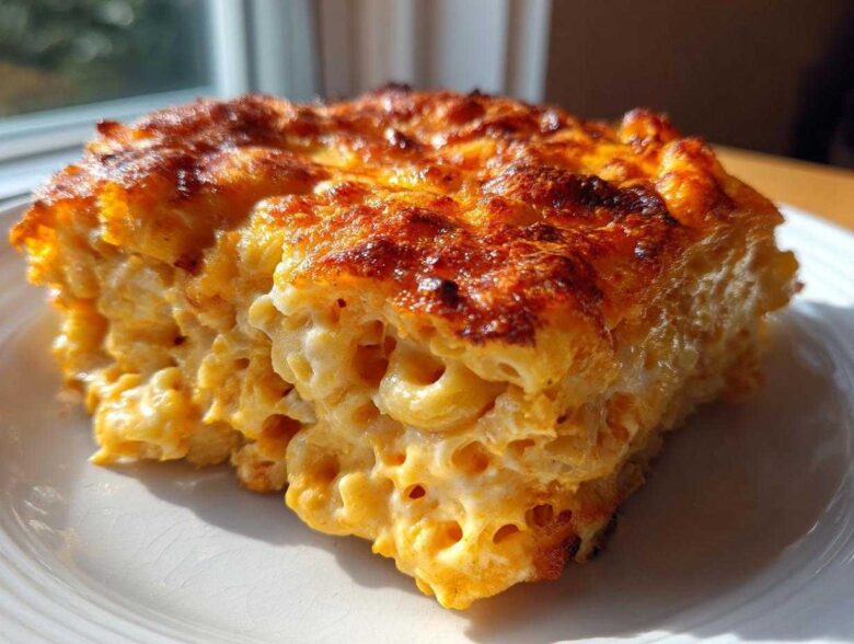 A close-up of a rich, creamy slice of southern baked macaroni and cheese with a deeply browned, cheesy crust.
