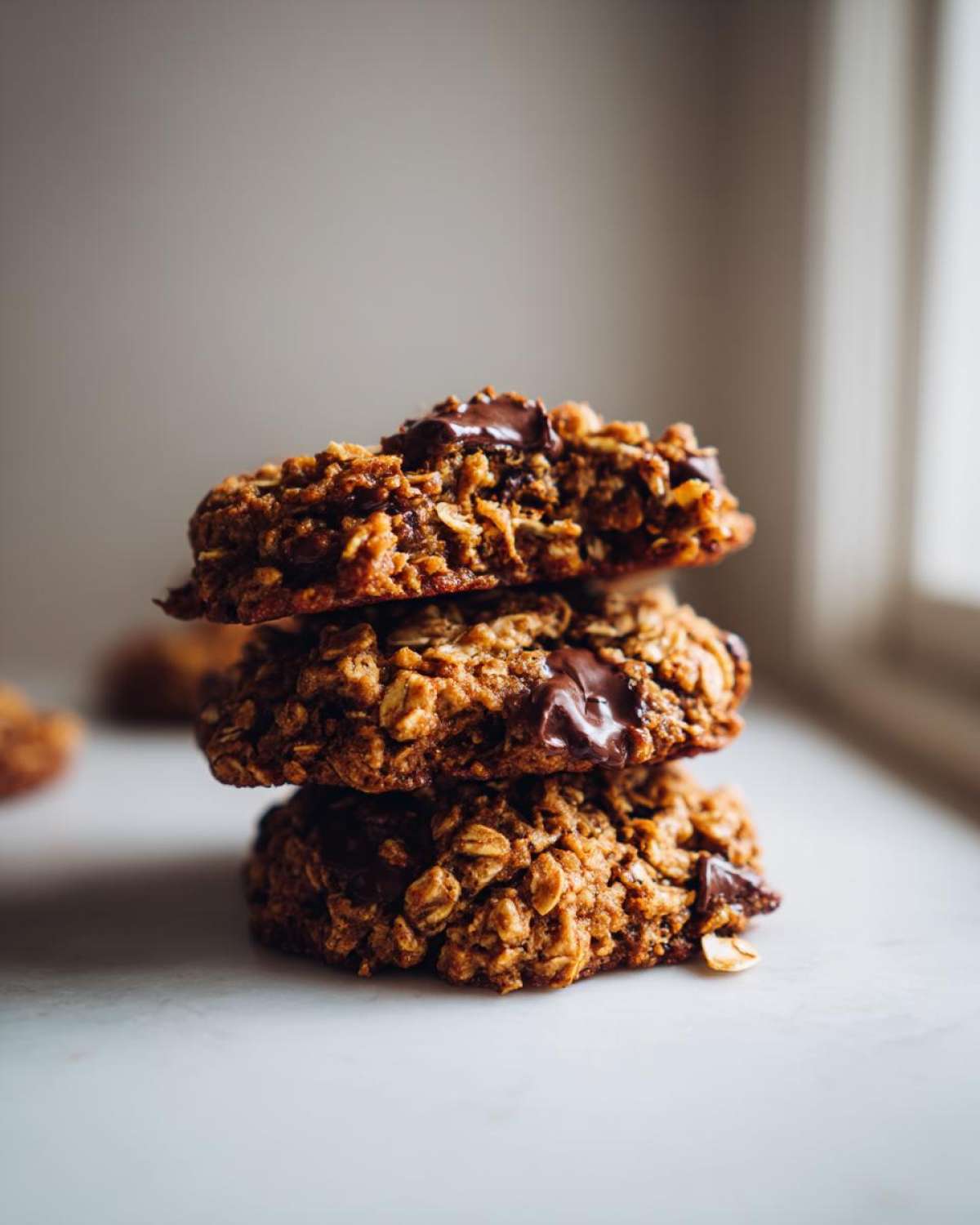 A stack of three chewy chocolate chip oatmeal cookie treats with melted chocolate visible.