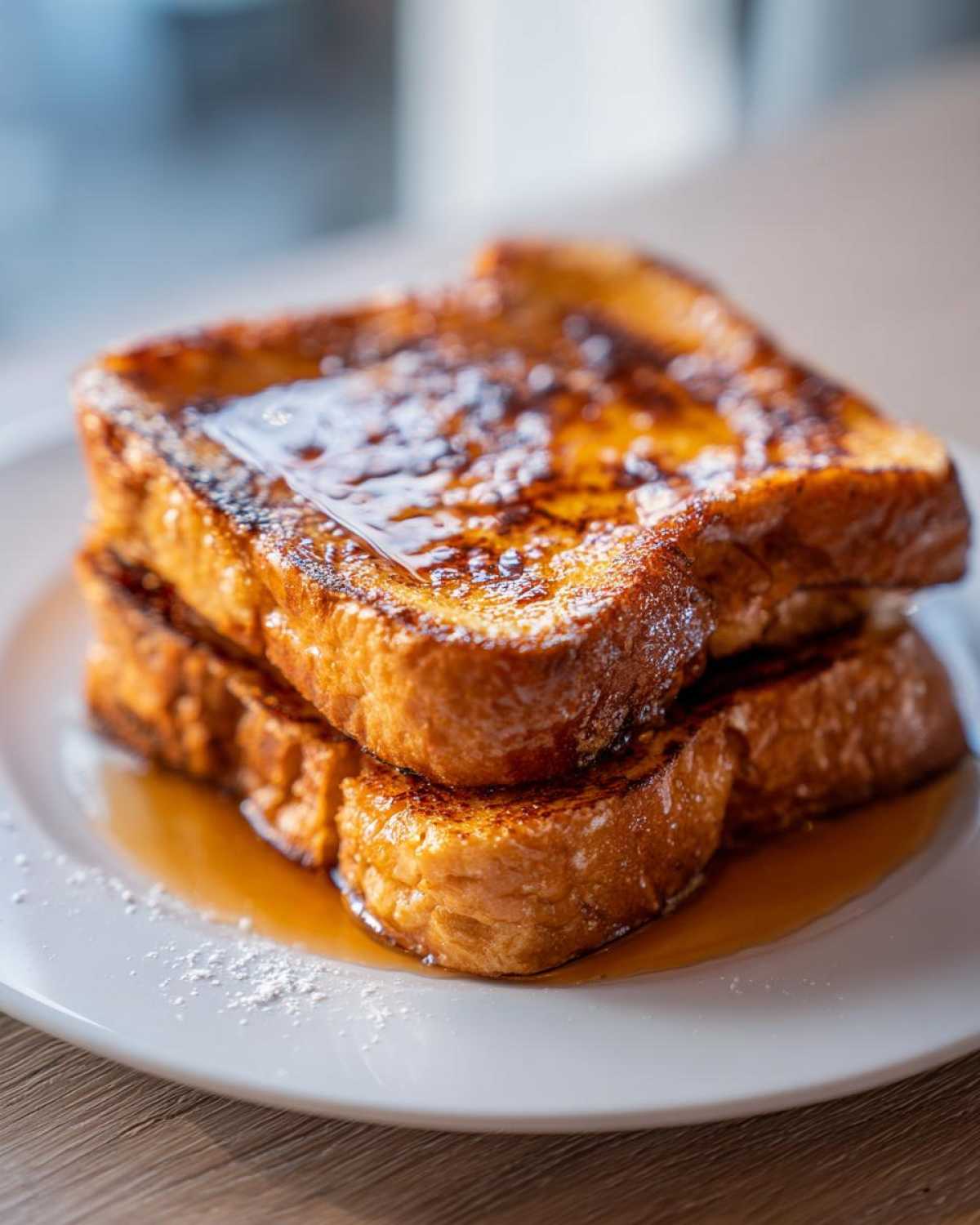 A close-up of a stack of three slices of golden brown easy french toast drizzled with maple syrup.