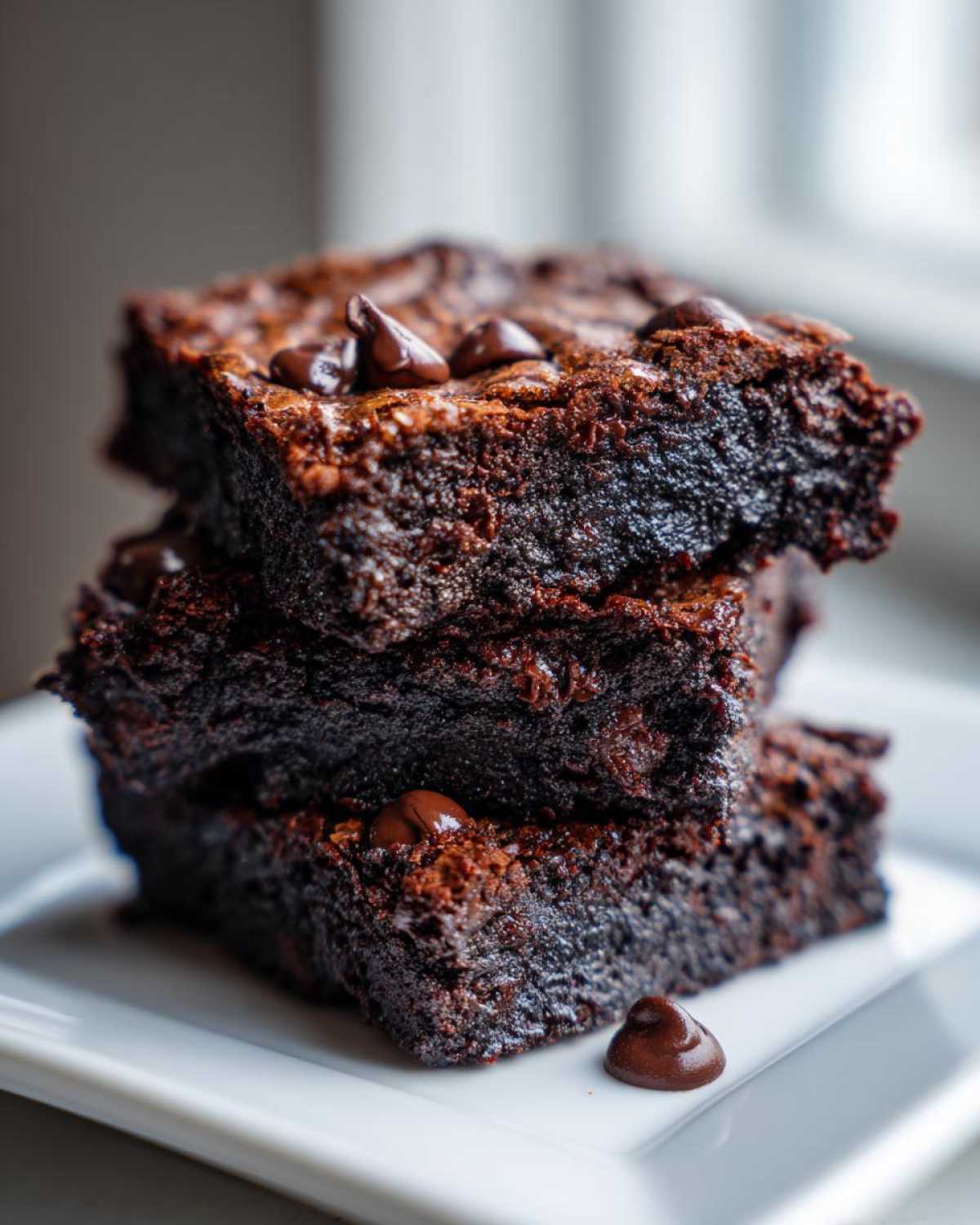 A stack of three rich, dark, fudgy black bean brownies topped with chocolate chips on a white plate.