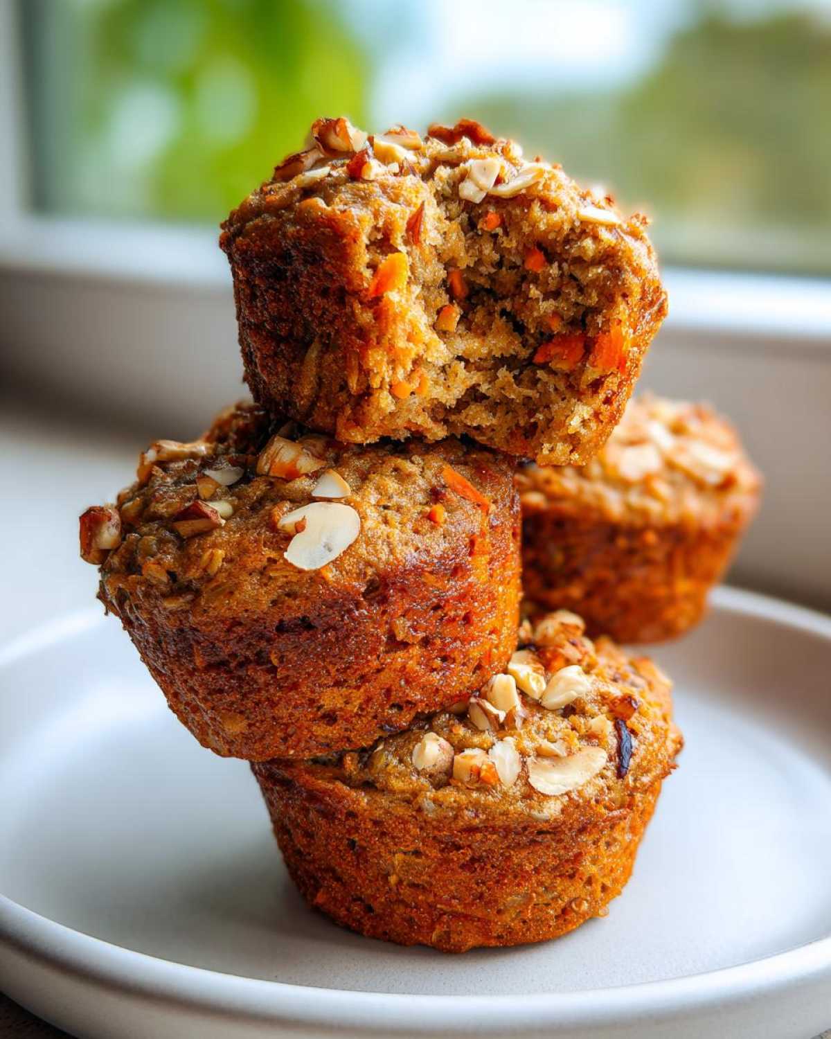 A stack of three golden-brown morning glory muffins topped with chopped nuts, one muffin is broken open.