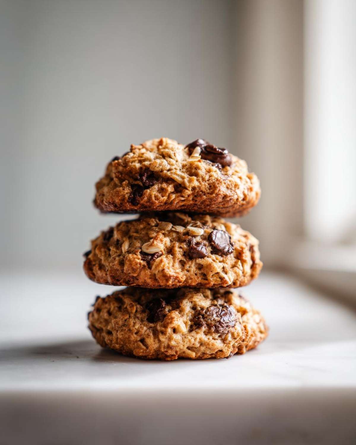 Three freshly baked oatmeal cookie treats stacked vertically on a white surface.