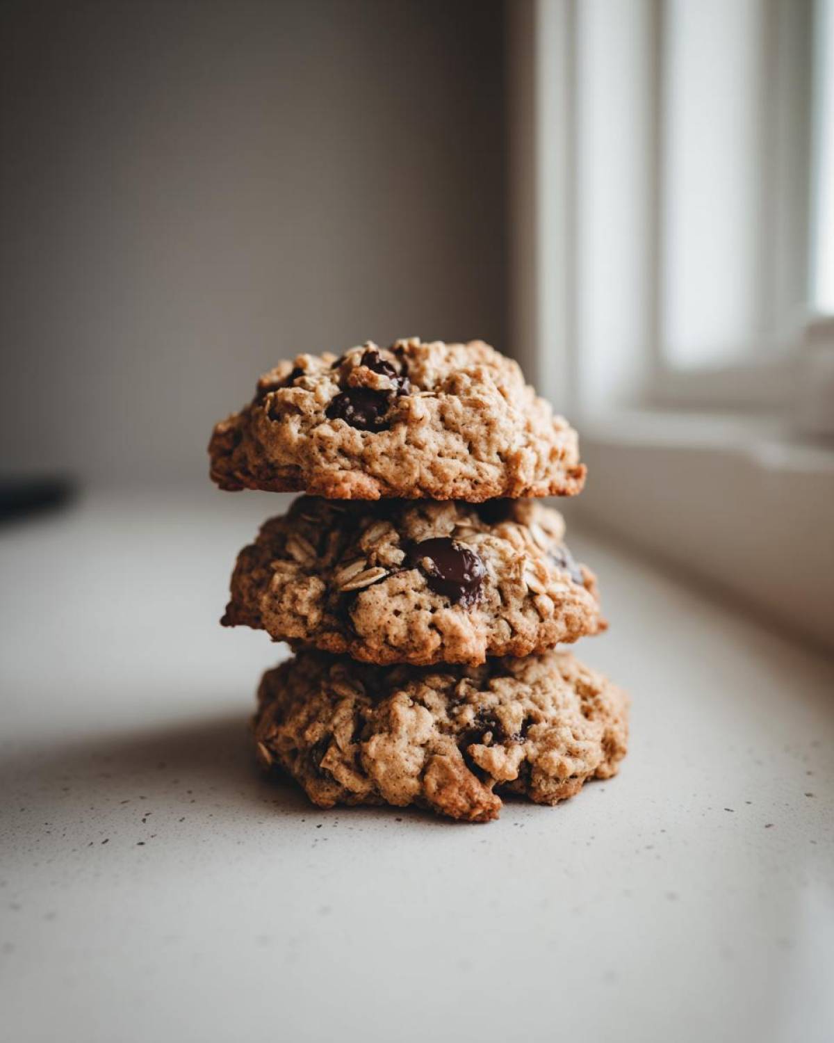 A vertical stack of three chewy chocolate chip oatmeal cookie treats resting on a light countertop.