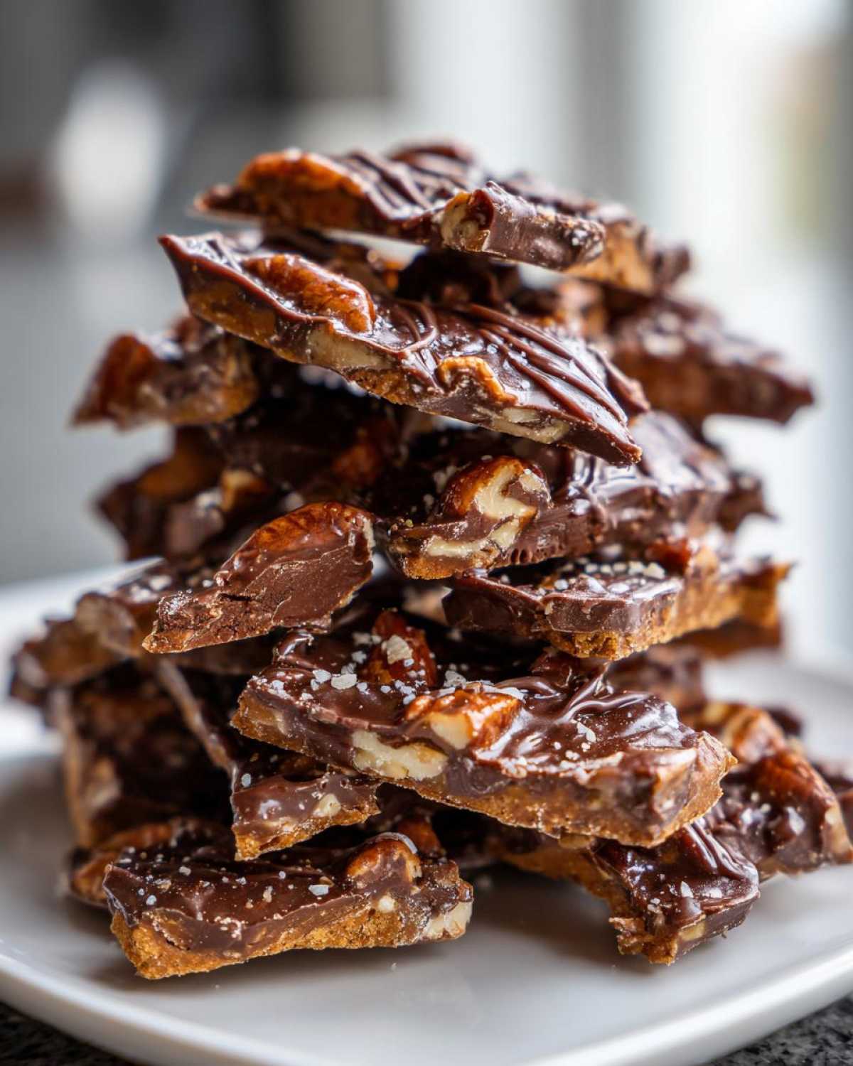A tall stack of broken pieces of rich, chocolate-covered Pecan Pie Bark sprinkled with sea salt.