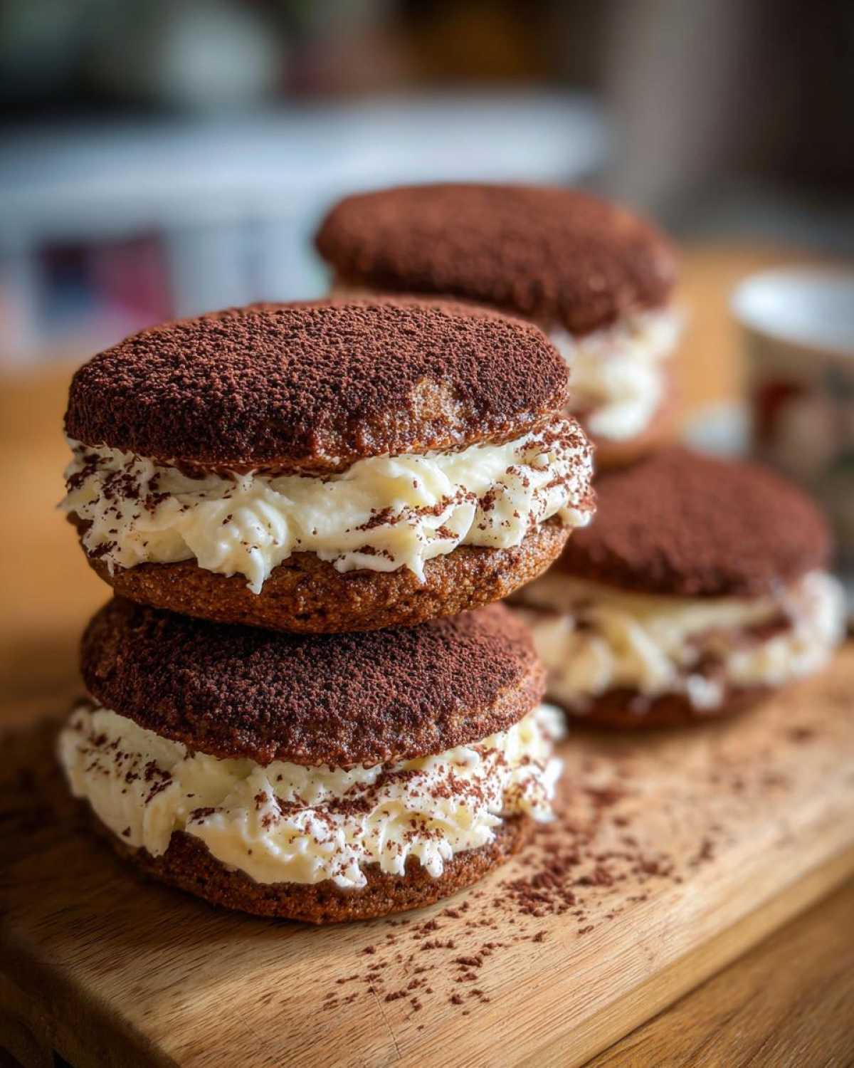 A stack of two decadent tiramisu cookies filled with white cream and dusted heavily with cocoa powder.