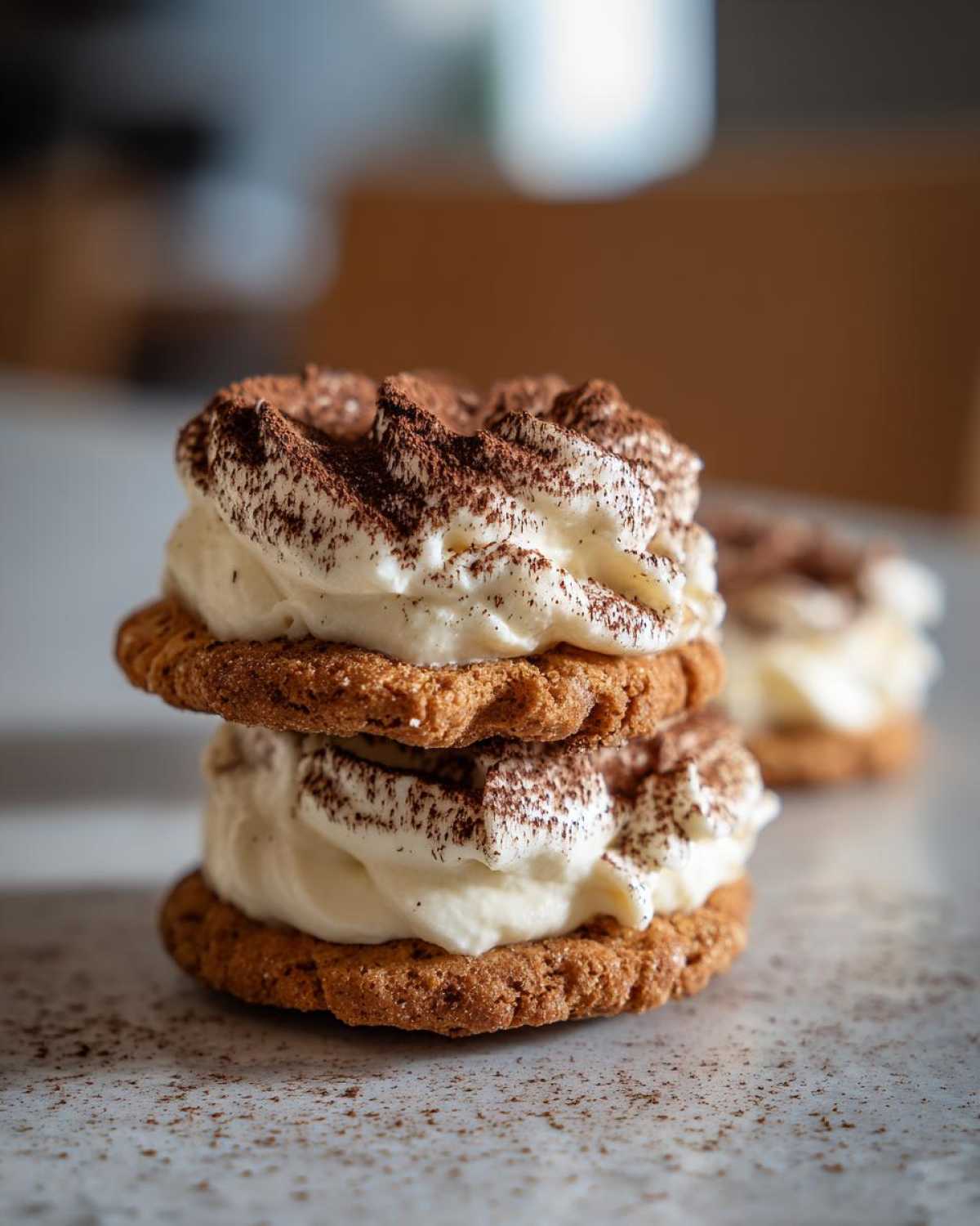 Close-up of two stacked tiramisu cookies filled with rich cream and dusted heavily with cocoa powder.