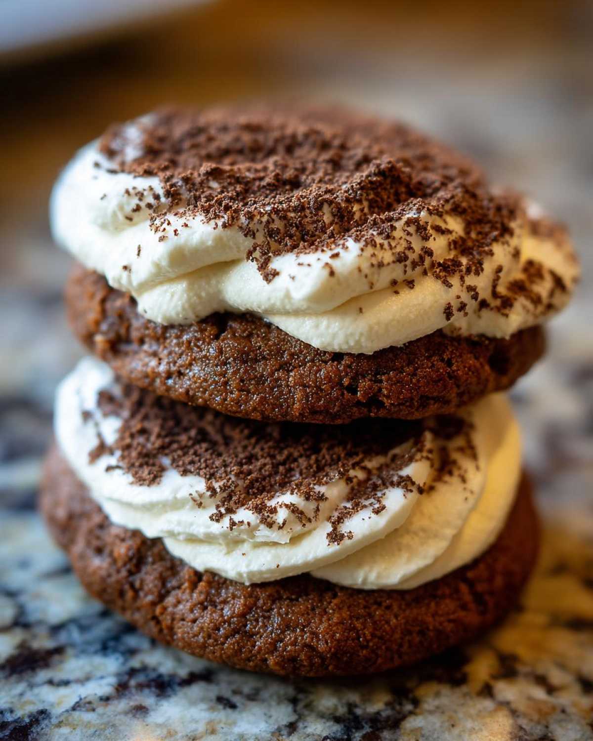 Close-up of two stacked chocolate tiramisu cookies filled with white cream and topped with chocolate shavings.
