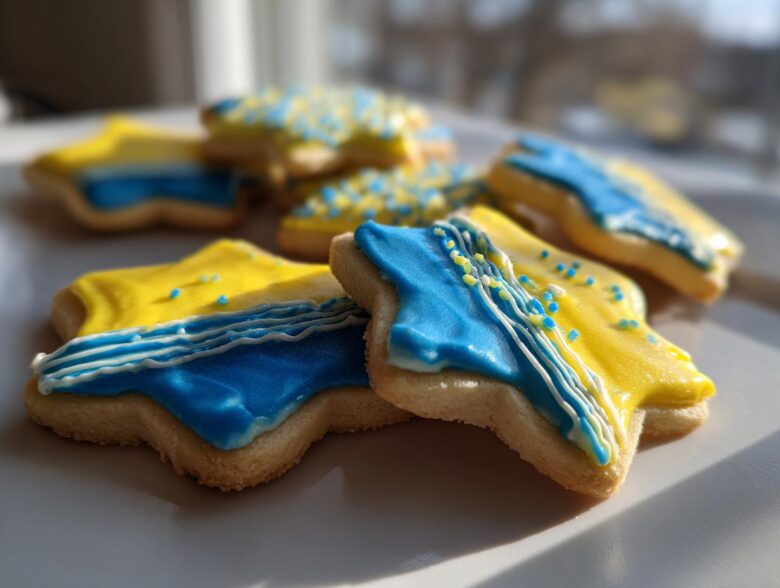 Star-shaped sugar cookies decorated with bright yellow and blue sugar cookie icing that hardens, featuring white piped details.
