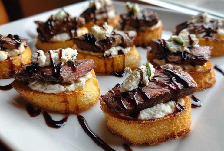 Close-up of several steak crostini bites topped with cheese and balsamic glaze on a white platter.