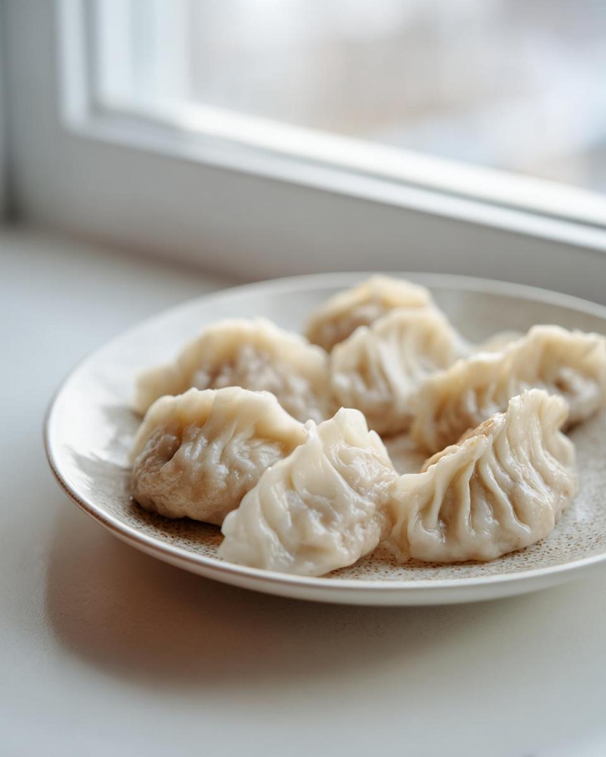 A plate of freshly steamed Traditional Chinese Dumplings with pleated edges, set near a bright window.