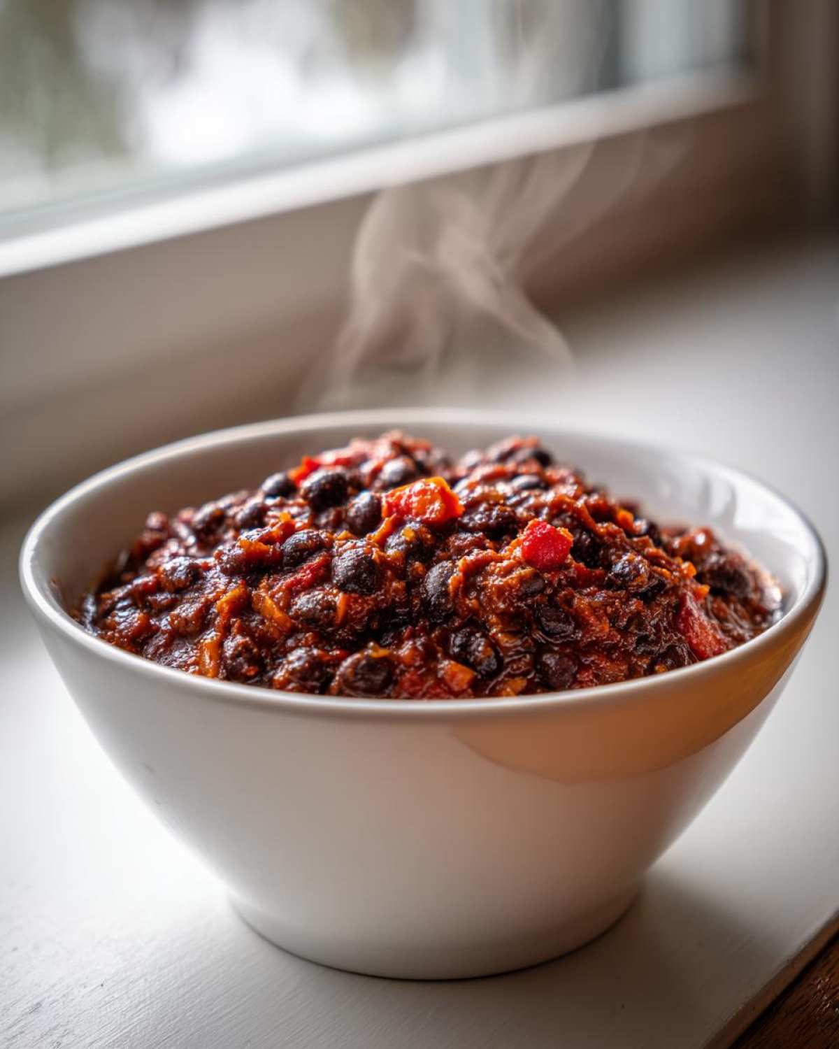 Close-up of a steaming white bowl filled with rich, dark black bean chili next to a window.
