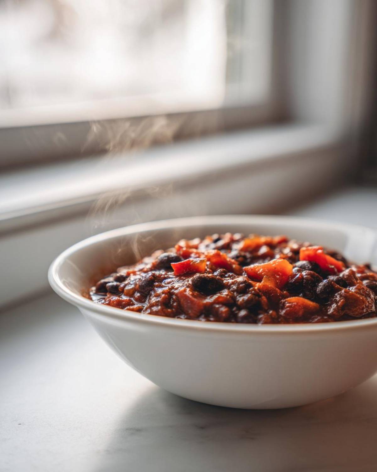 A close-up of a steaming white bowl filled with rich, dark black bean chili, set near a bright window.