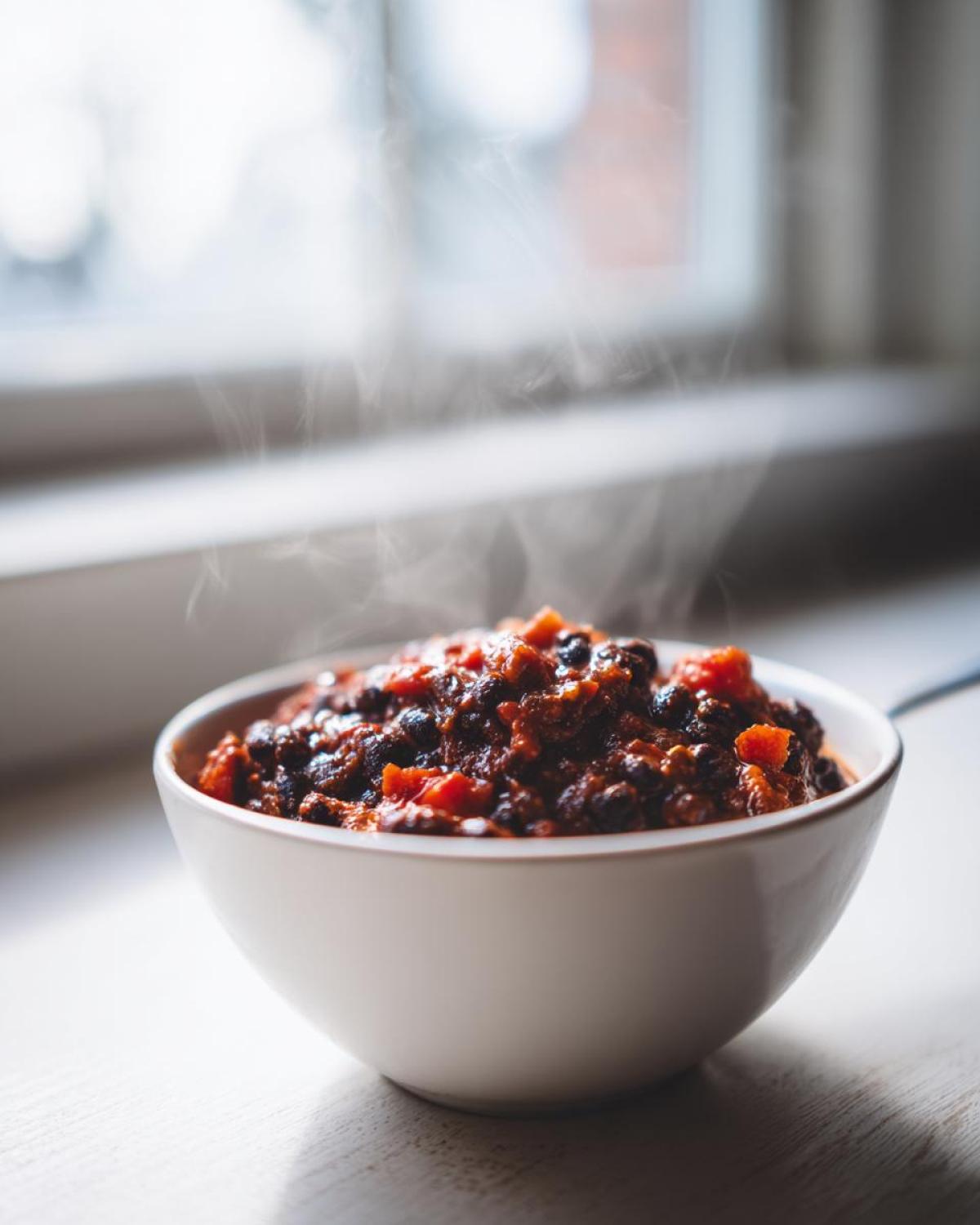A close-up of a steaming white bowl filled with rich, dark black bean chili, set near a bright window.