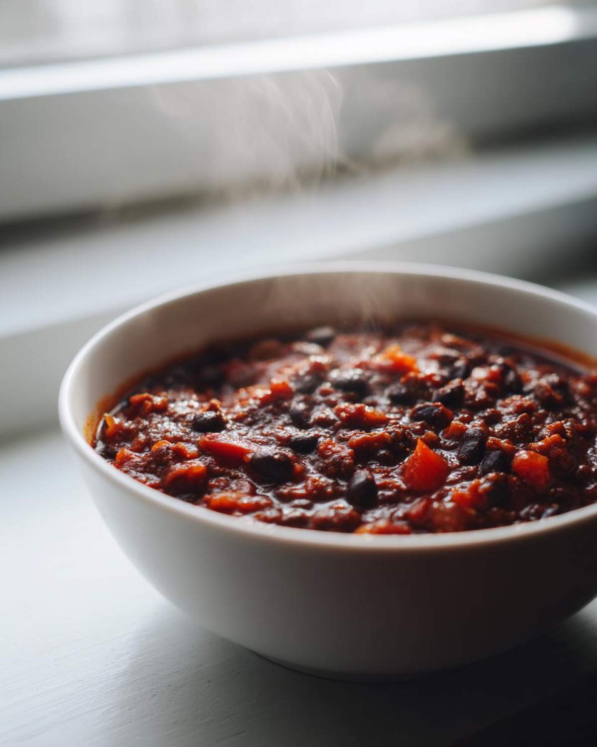 Close-up of a steaming white bowl filled with rich, dark red black bean chili, set near a bright window.