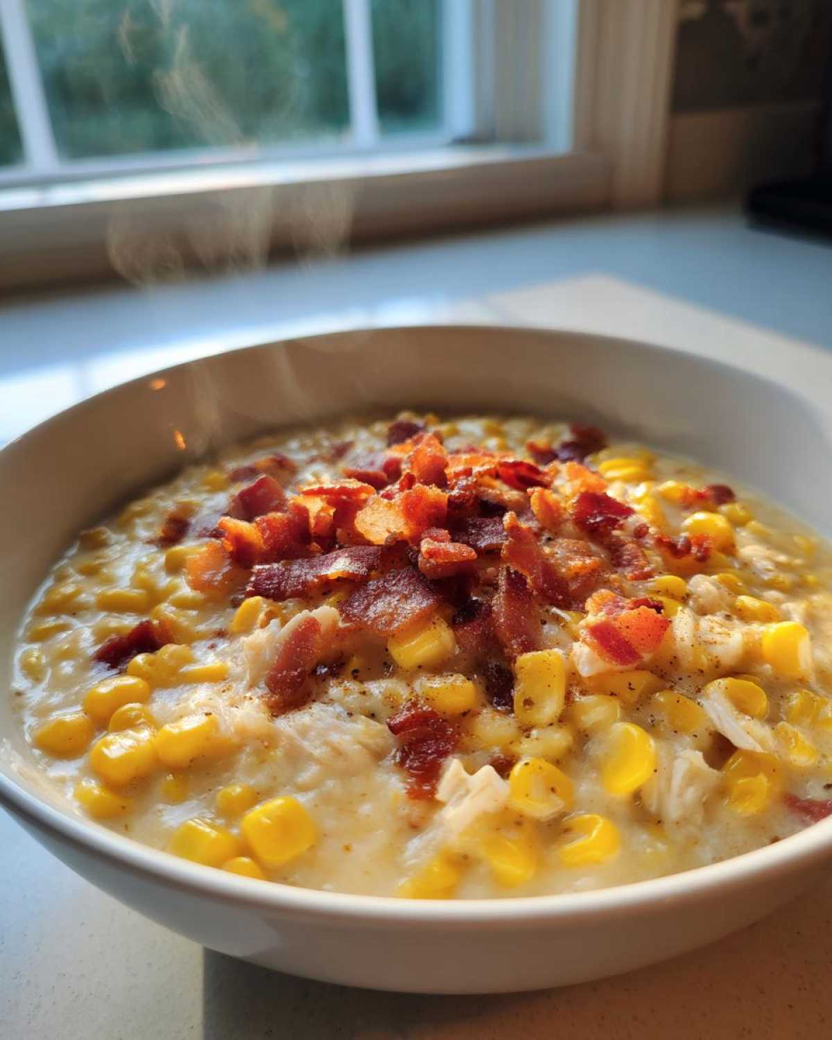 Close-up of a steaming white bowl filled with creamy chicken corn chowder, topped generously with crispy bacon bits.