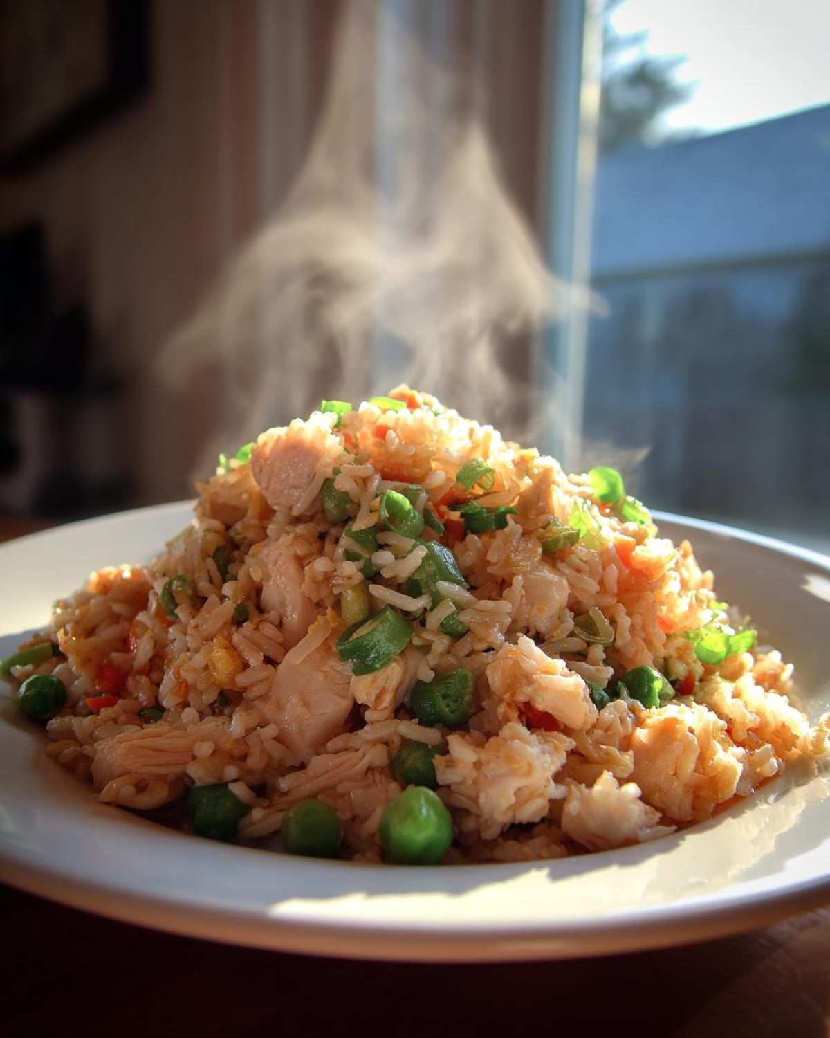 A mound of freshly made, steaming hot chicken fried rice with peas and green onions served on a white plate.
