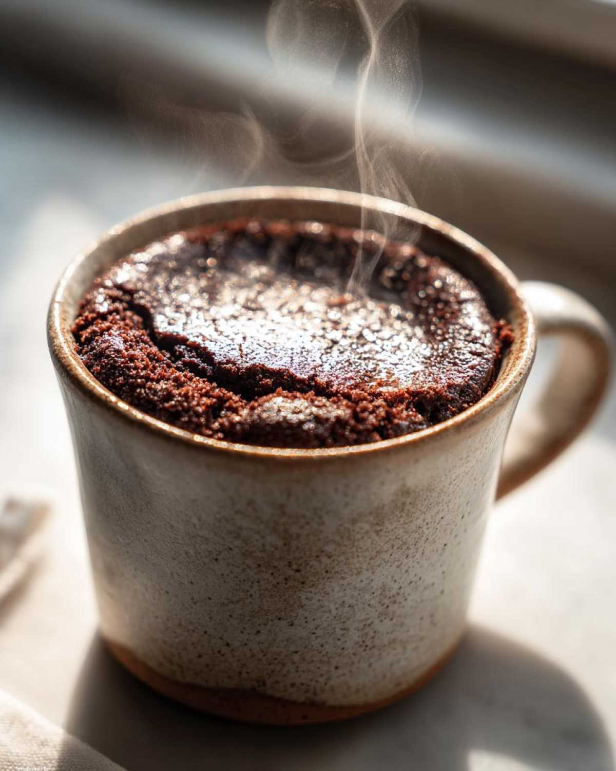 Close-up of a rich, dark chocolate mug cake steaming inside a rustic ceramic mug.
