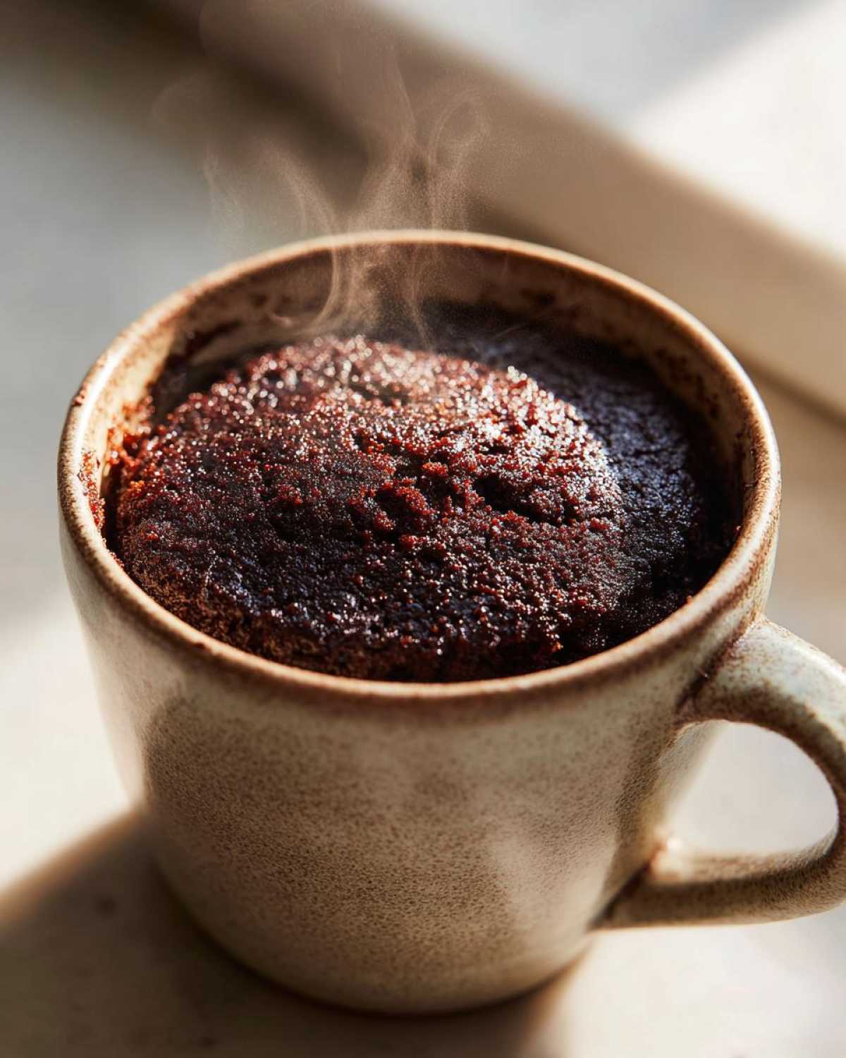 Close-up of a rich, dark chocolate mug cake steaming right out of a speckled ceramic mug.