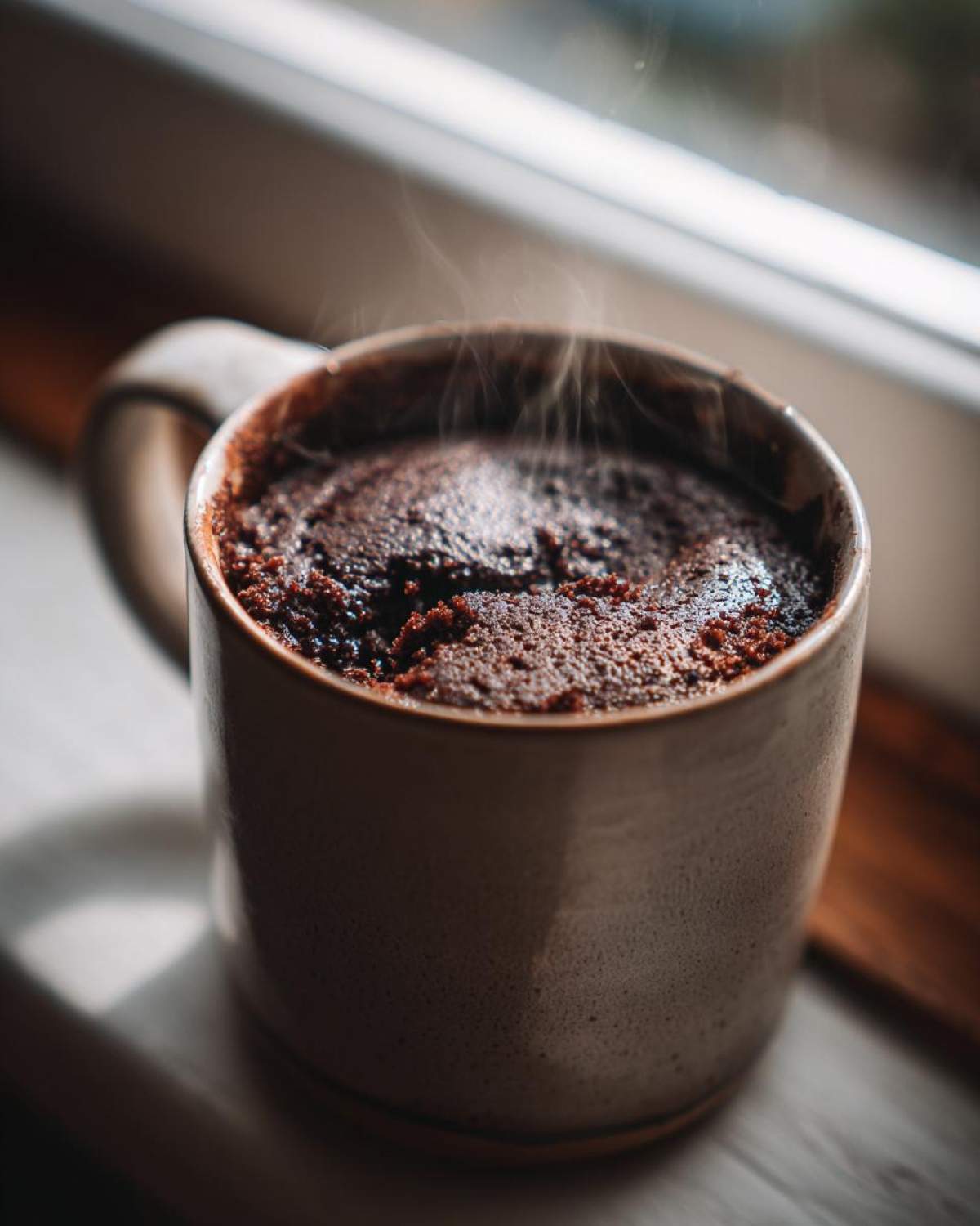 Close-up of a steaming chocolate mug cake inside a speckled ceramic mug, ready to eat.