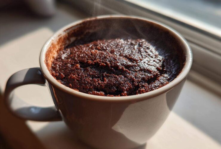 Close-up of a rich, dark chocolate mug cake steaming slightly, sitting in a light-colored mug near a window.