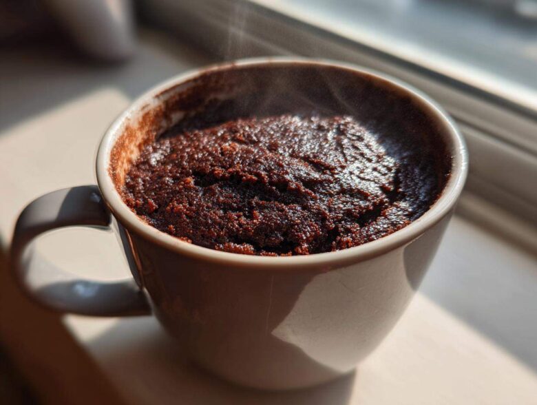 Close-up of a rich, dark chocolate mug cake steaming slightly, sitting in a light-colored mug near a window.