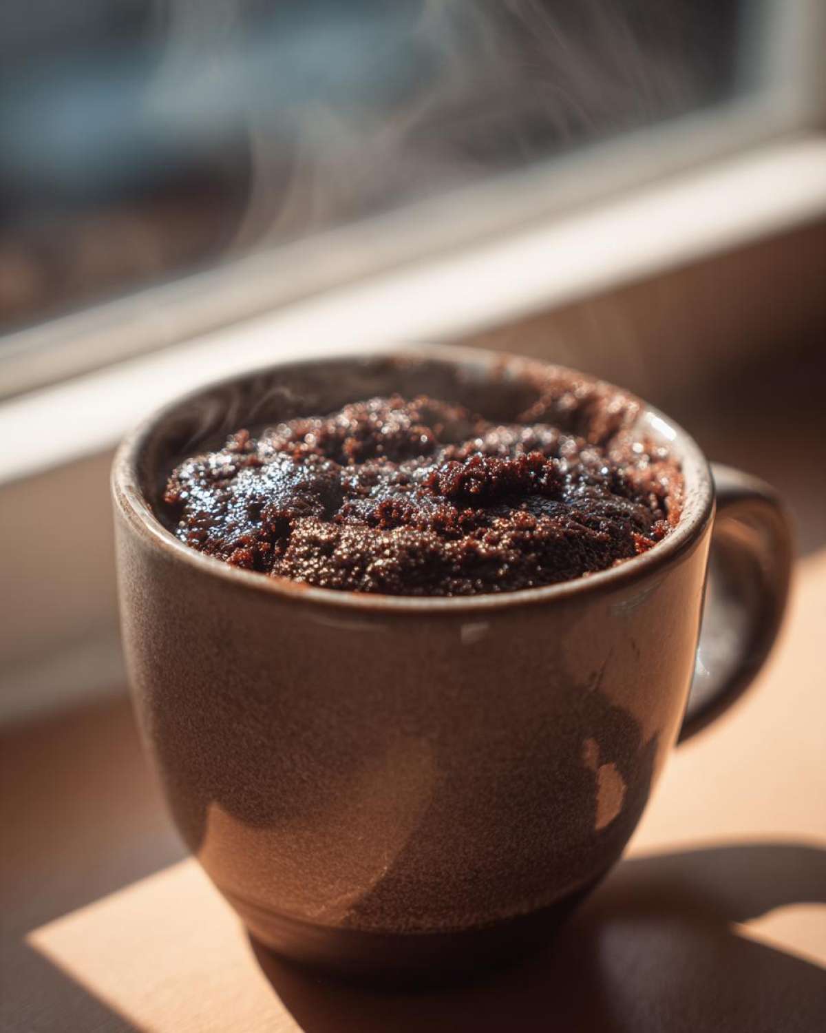 Close-up of a steaming chocolate mug cake in a brown ceramic cup, backlit by sunlight.