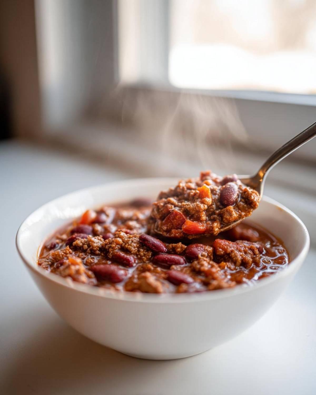 A steaming white bowl filled with rich crockpot chili, featuring ground meat and kidney beans, with a spoonful being lifted out.