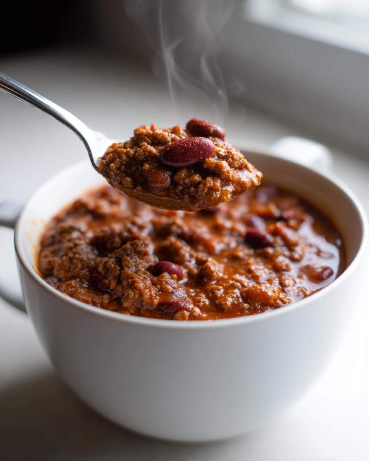 A spoonful of steaming, rich crockpot chili with kidney beans being lifted from a white bowl.