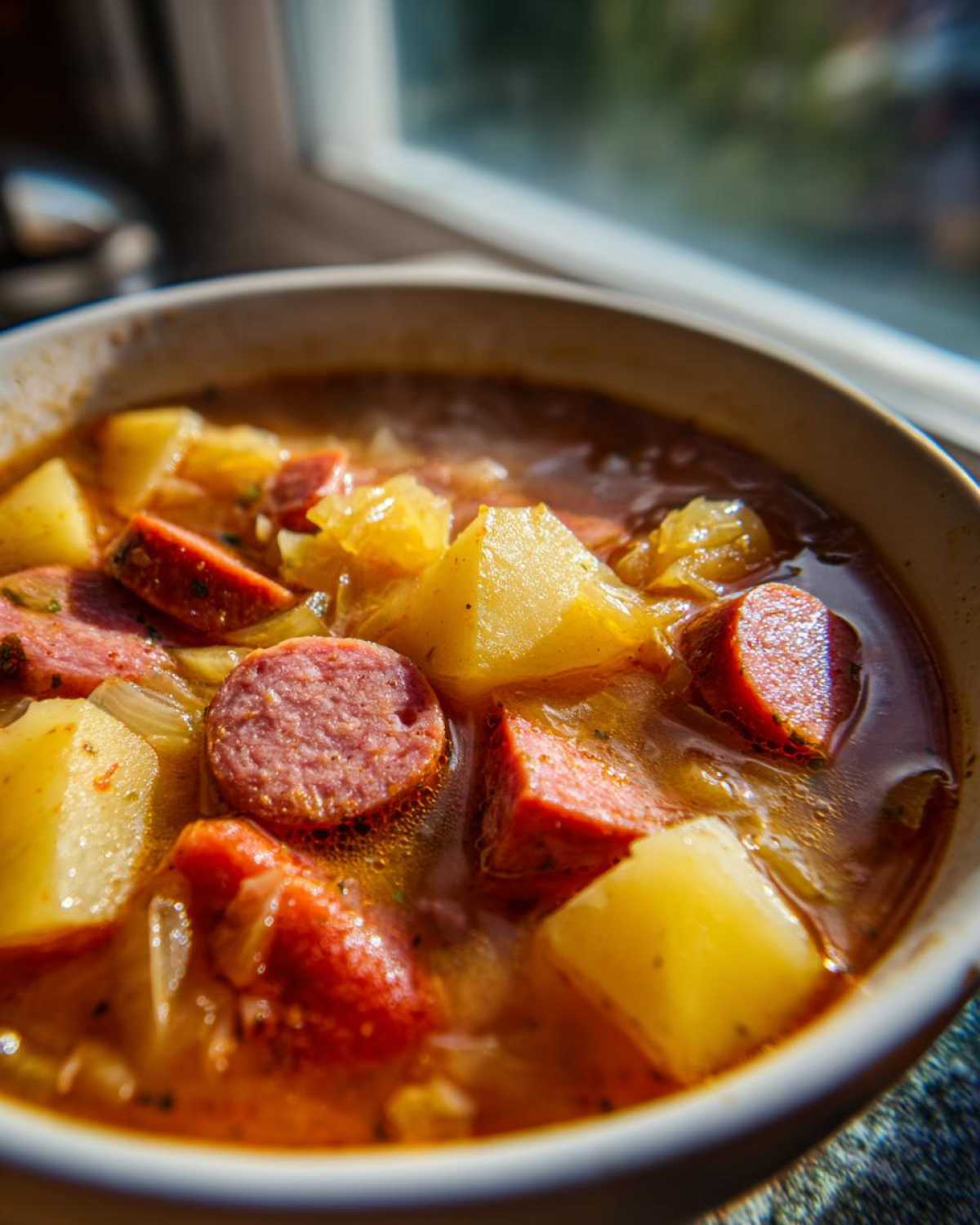 Close-up of a steaming bowl of sauerkraut soup featuring chunks of potato and sliced smoked sausage.