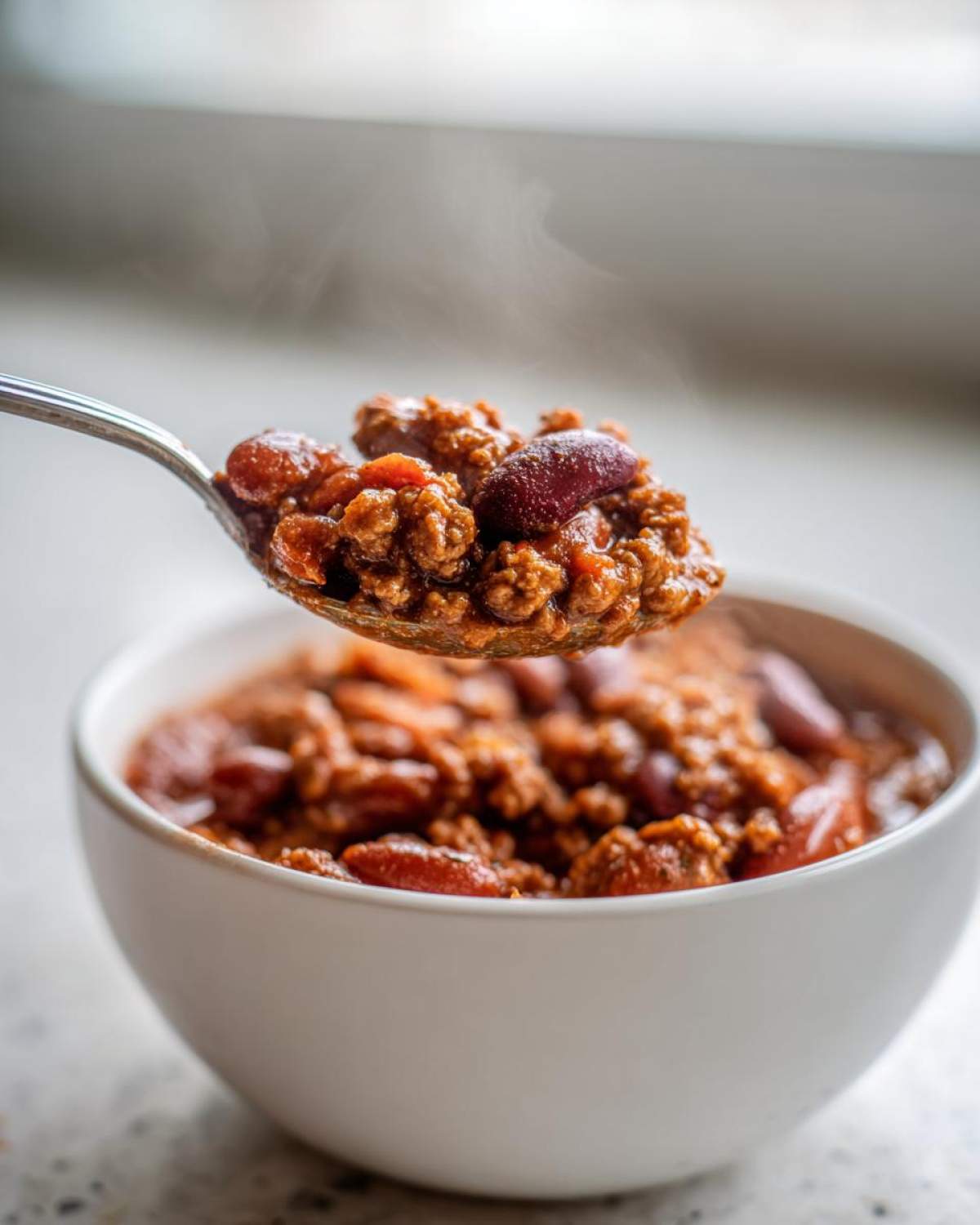 A spoonful of hot, steaming crockpot chili with ground meat and kidney beans being lifted from a white bowl.