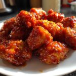 Close-up of sticky, glazed gochujang chicken pieces sprinkled with sesame seeds on a white plate.