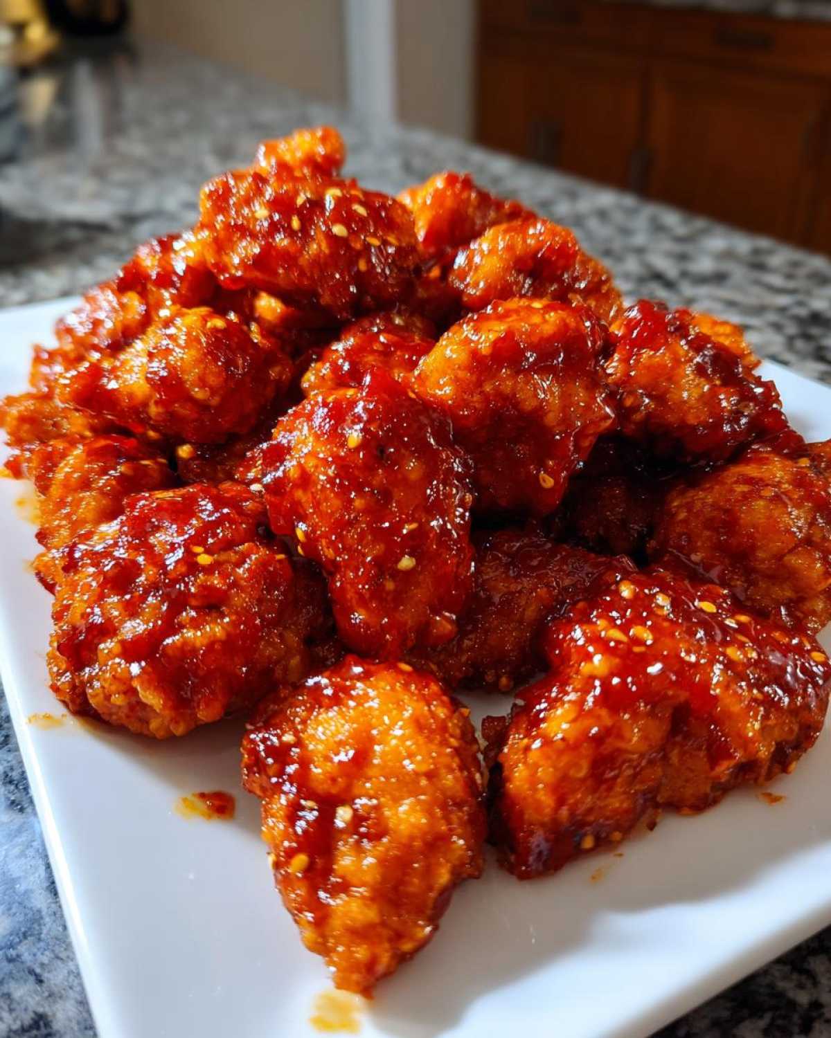 A mound of crispy, bite-sized pieces of gochujang chicken coated in a thick, glossy red sauce and sprinkled with sesame seeds.