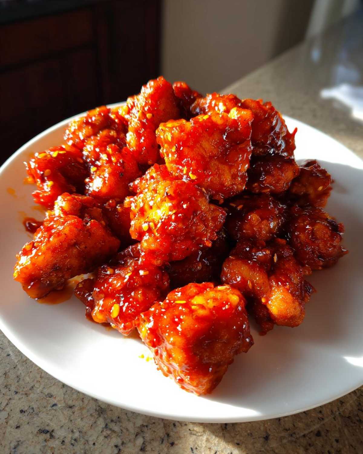 Close-up of crispy, saucy gochujang chicken pieces piled high on a white plate, glistening under sunlight.