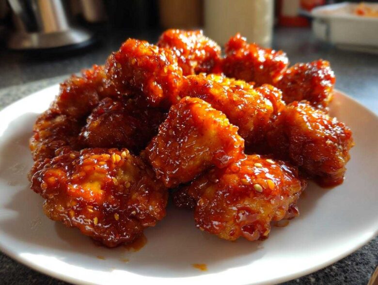 Close-up of sticky, glazed gochujang chicken pieces sprinkled with sesame seeds on a white plate.