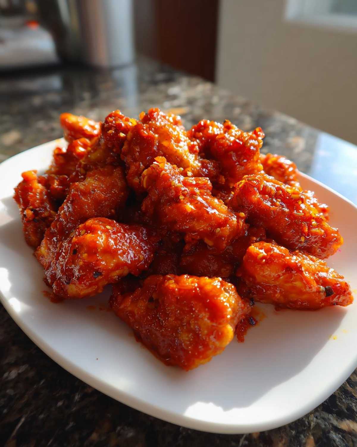 Close-up of sticky, glazed gochujang chicken pieces piled high on a white plate.