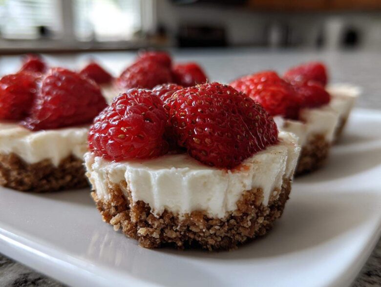 Close-up of several individual strawberry cheesecake bites with graham cracker crusts sitting on a white rectangular plate.