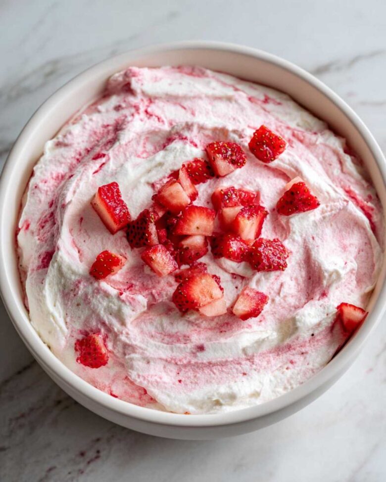 A close-up overhead view of creamy strawberry cheesecake dip swirled with pink and topped with fresh diced strawberries.