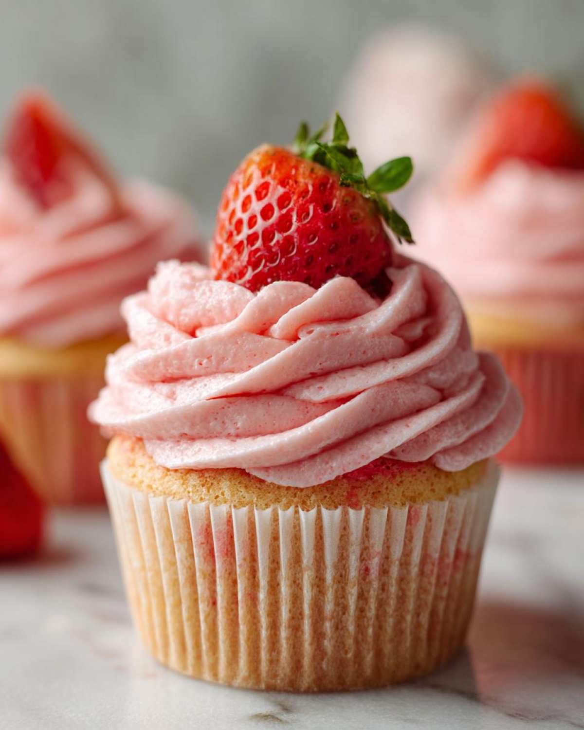 A single, perfectly frosted strawberry cupcake topped with a fresh strawberry, showcasing the pink frosting swirls.