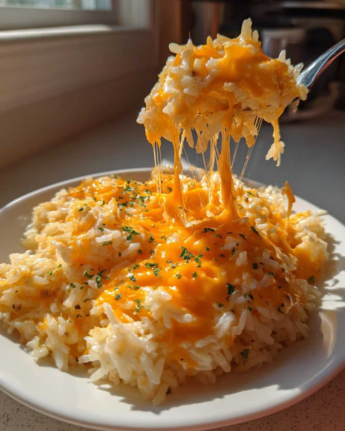 A fork lifts a portion of cheesy rice, showing long, dramatic cheese pulls over the main serving of cheesy rice.