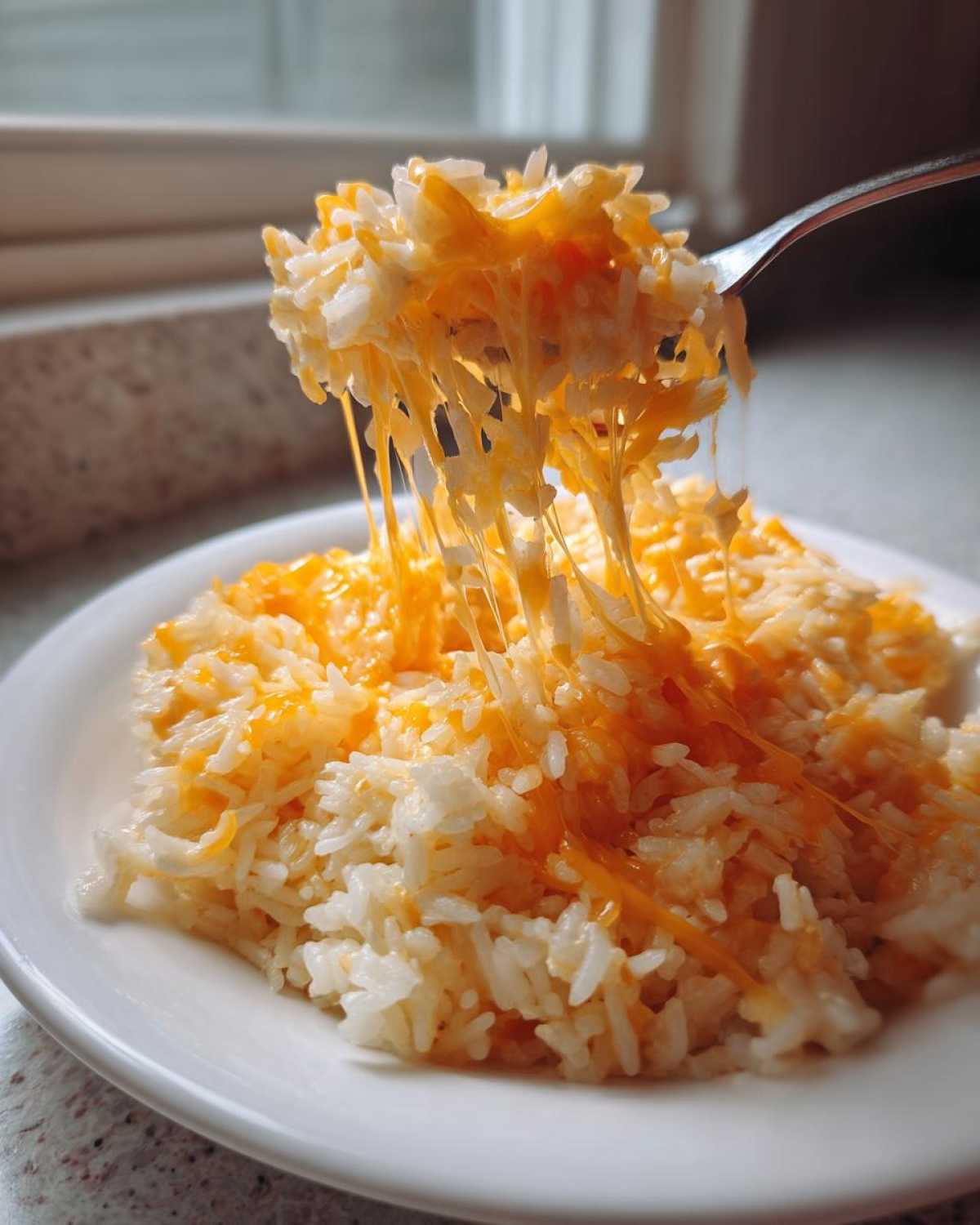 A fork lifts a portion of cheesy rice, showing long, gooey strings of melted cheddar cheese.