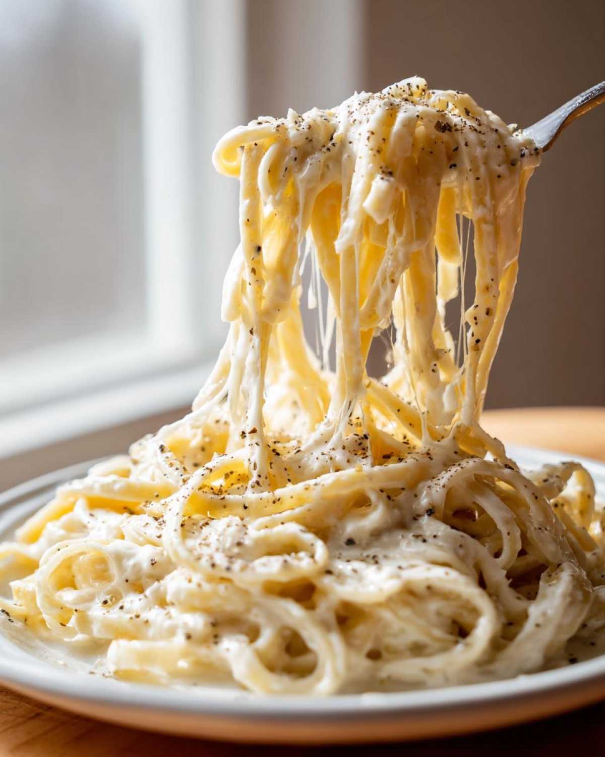 Close-up of fettuccine pasta being lifted, coated in creamy homemade alfredo sauce and black pepper.