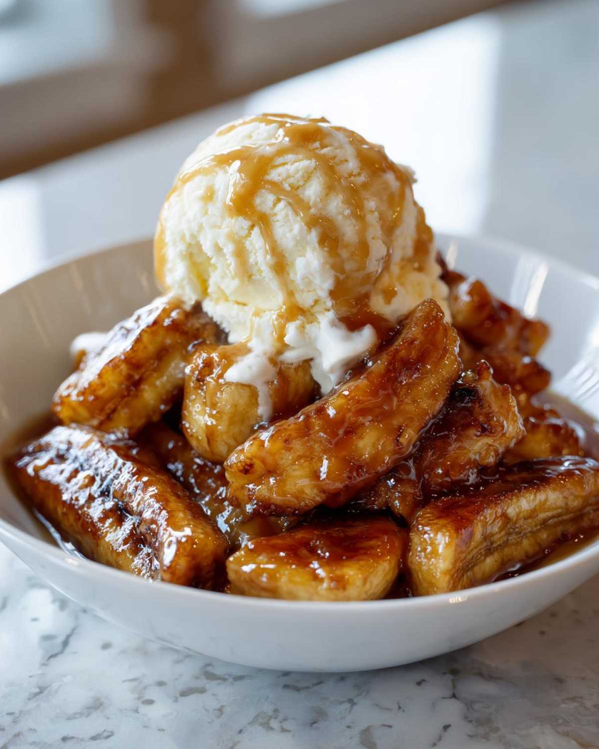 A close-up of rich, caramelized bananas foster served in a white bowl, topped with a scoop of vanilla ice cream and caramel drizzle.